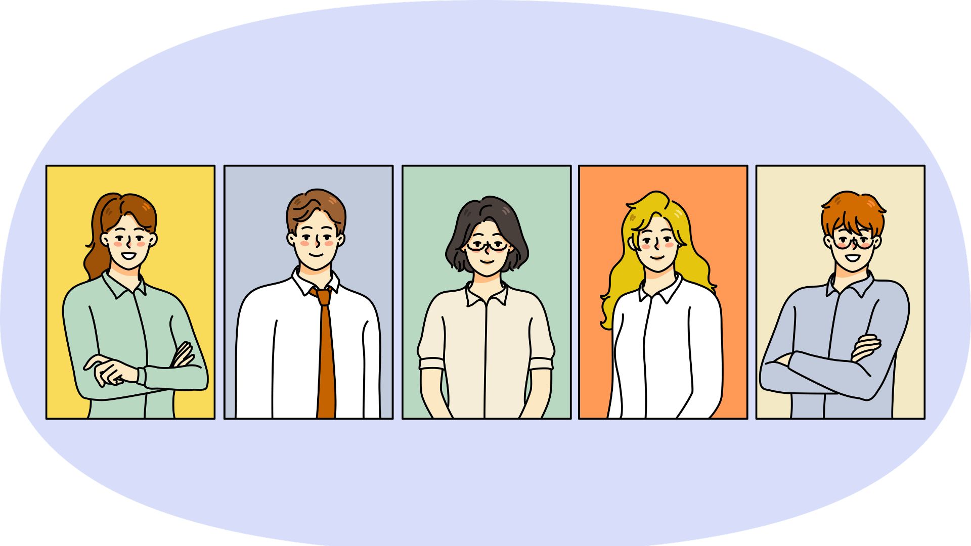 decorative cartoon of 5 people standing