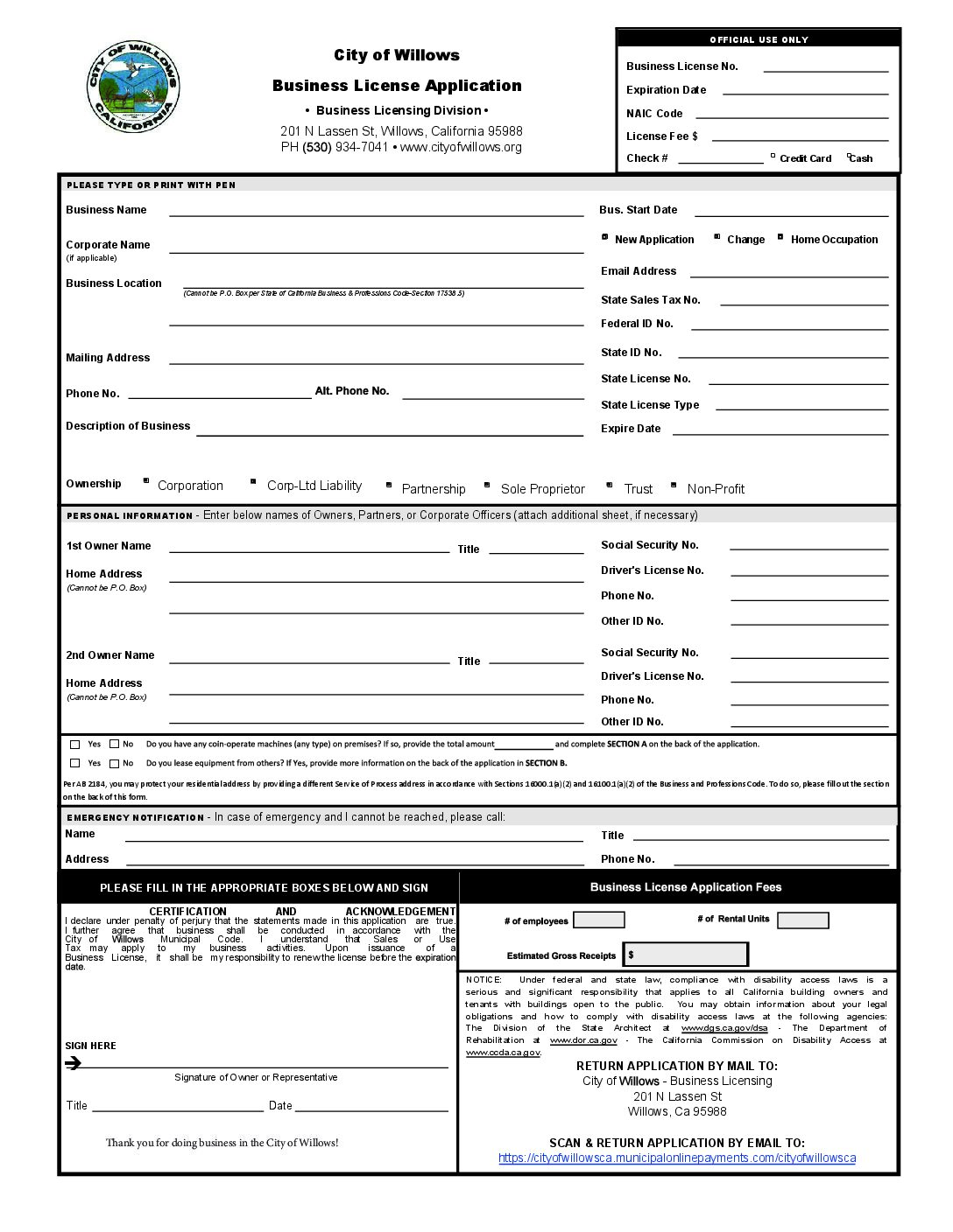 BUSINESS LIC APPLICATION template (fillable form)