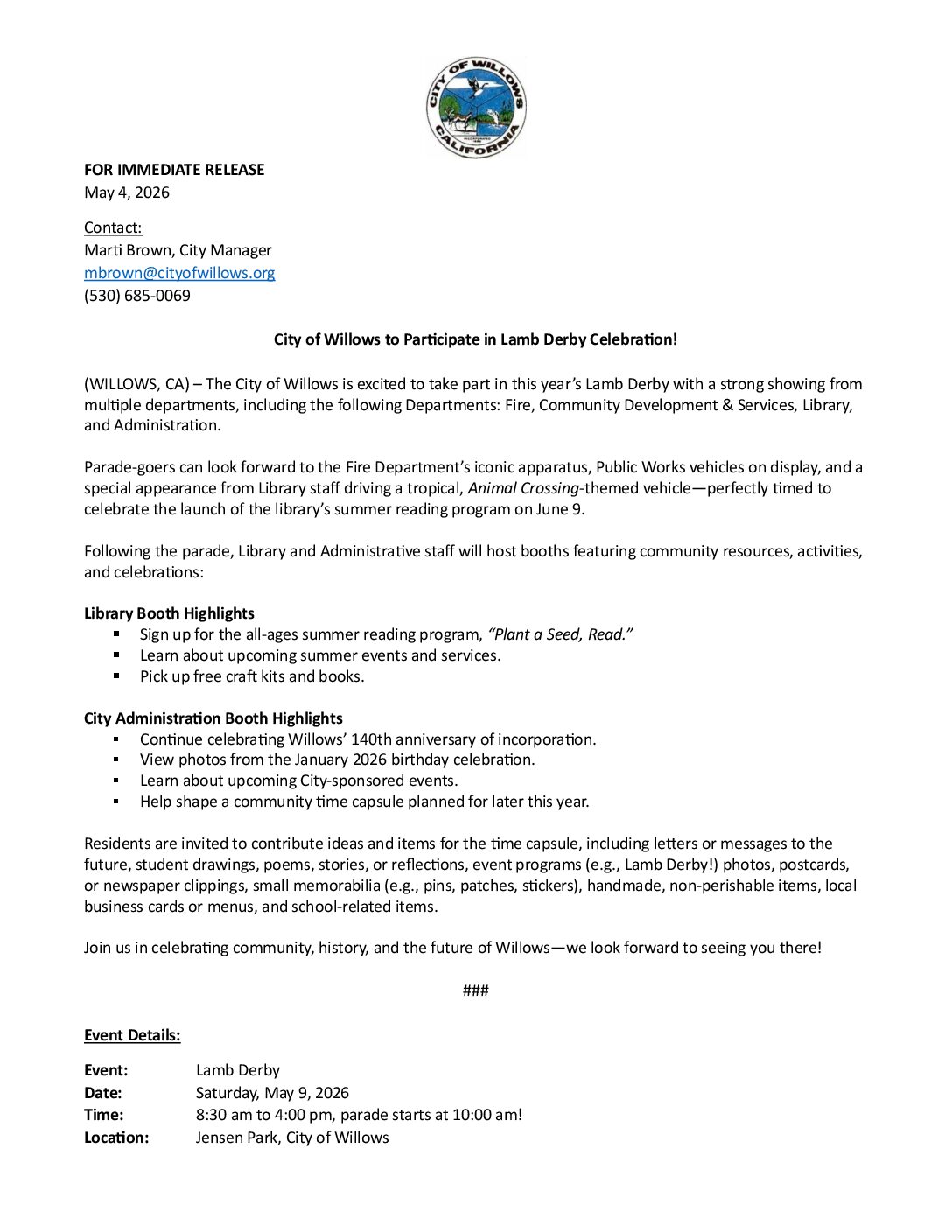 Press Release – Lamb Derby